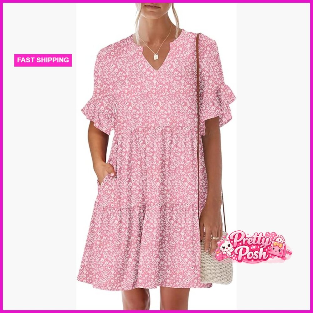 Polyester Elastane V Neck Ruffle Sleeve A Line Mi… - image 1